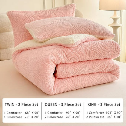 Seashell Jacquard Sherpa Comforter Set Warm Cozy Premium Bedding 3 Pieces, King Size Geometric Pattern Quilt Comforter with 2 Pillowcases(104"X90" Light Pink)
