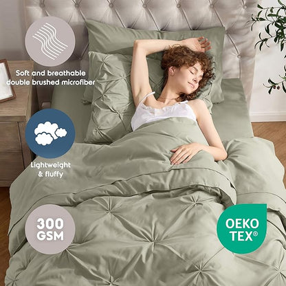 Nestl Twin XL Comforter Set 5 Piece - Pintuck Twin XL Bedding Set Light Sage, College Dorm Room Essentials Bed in a Bag, Twin XL Comforter Set for College Girls & Boys with Sheets, Pillowcase and Sham
