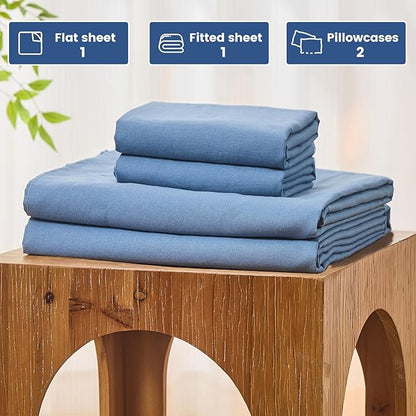 Bedlifes 100% French Pure Linen Sheets Queen Size Breathable and Cooling Flax Sheet Set Soft Durable and Moisture Wicking 16 Inch Deep Pocket-4 Piece(Queen,Flint Blue)