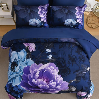 WONGS BEDDING Floral Comforter Set Queen Size, 7 Pieces Purple Bed in a Bag Comforter Bedding Set, Soft Microfiber for All Season with Pillowcases & Shams,Sheets(90"×90")