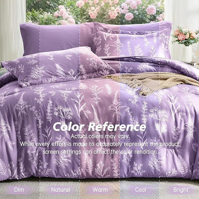 MUXHOMO Grayish Purple Bed in a Bag Queen 7 Pieces, Queen Comforter Set Reversible Botanical Flowers Design, Ultra Soft & Breathable Bedding Sets with Comforter, Sheets, Pillowcases & Shams