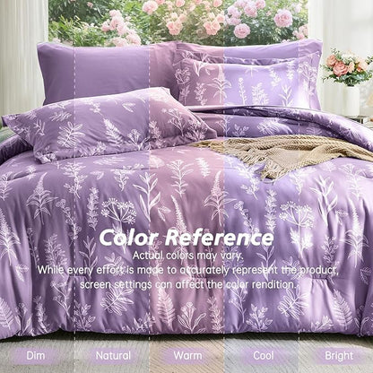 MUXHOMO Grayish Purple Bed in a Bag Queen 7 Pieces, Queen Comforter Set Reversible Botanical Flowers Design, Ultra Soft & Breathable Bedding Sets with Comforter, Sheets, Pillowcases & Shams