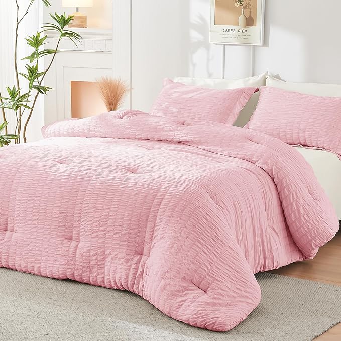 HYMOKEGE Pink/Ivory Twin XL Comforter Set Seersucker 5 Pieces, All Season Luxury Bed in a Bag for Bedroom, Bedding Set with Comforter, Sheets, Pillowcase & Sham
