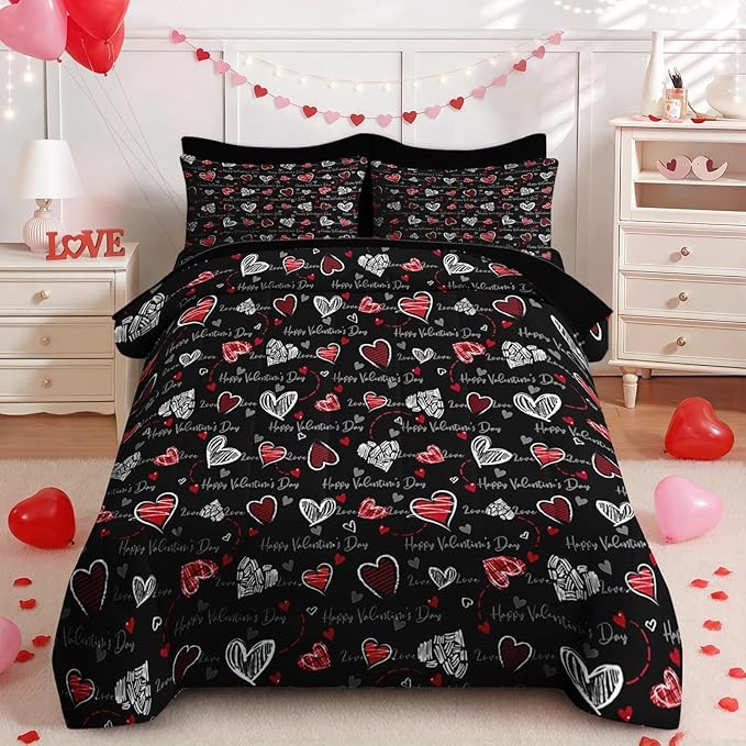 Nesker 7 Pcs Valentine's Day Comforter Set Queen Size, Romantic Heart Love Bedding Set for Kids and Adults, Sweet Kawaii Cartoon Sheets Bed Sheet Sets with Fitted Sheet 2 Pillowcases & 2 Shams