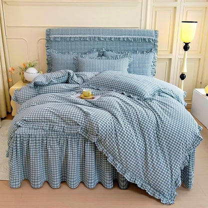 mixinni Vintage Blue Gingham Ruffle Comforter Set 3-Piece Washed Cotton Queen Size Grid Bedding Set with Geometric Checkered Pattern, Farmhouse Chic Soft Fluffy Comforter for All-Season