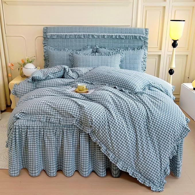 mixinni Vintage Blue Gingham Ruffle Comforter Set 3-Piece Washed Cotton Twin XL Size Grid Bedding Set with Geometric Checkered Pattern, Farmhouse Chic Soft Fluffy Comforter for All-Season