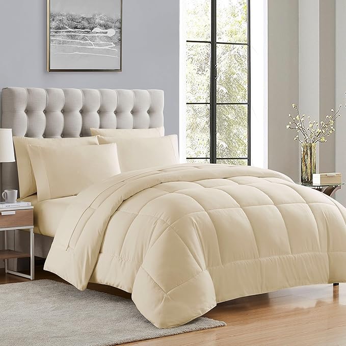 Sweet Home Collection 7 Piece Comforter Set Bag Solid Color All Season Soft Down Alternative Blanket & Luxurious Microfiber Bed Sheets, Beige, Queen