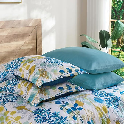 Anibedding 7Pieces King Size Comforter Set, Blue Yellow Botanical Bed in a Bag Complete Set with Sheet Pillowcase for Bedroom All Season