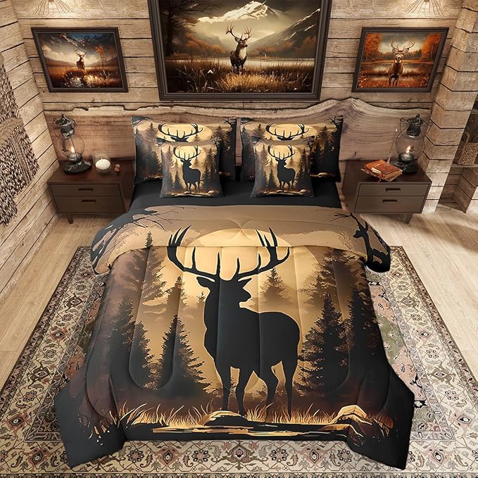 Erosebridal 7 Pieces Deer Silhouette Bedding Set Full Size for Men - Woodland Hunting Deer Comforter Set with Sheets for Kids Boys Girls Rustic Farmhouse Cabin Bed in A Bag Brown Black Animal Decor