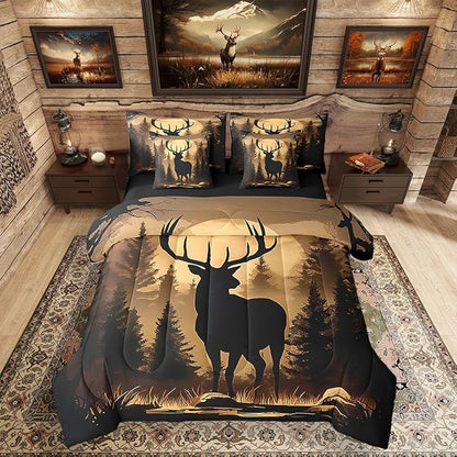 Erosebridal 7 Pieces Deer Silhouette Bedding Set Full Size for Men - Woodland Hunting Deer Comforter Set with Sheets for Kids Boys Girls Rustic Farmhouse Cabin Bed in A Bag Brown Black Animal Decor