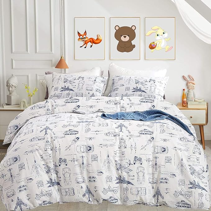 KAREVER Aircraft Comforter Set Queen Boys White Cartoon Bedding Set Alternative Comforters Airplane Car Tank Printed Bedding Blanket Full for Children Teen Boy with Microfiber Inner Insert