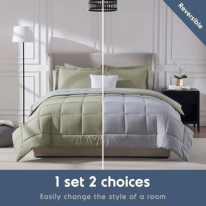 Nestl 7 Piece Full Comforter Set – Light Sage Reversible Bed in a Bag – Complete Full Size Bedding Set with Sheets, Pillowcases and Shams