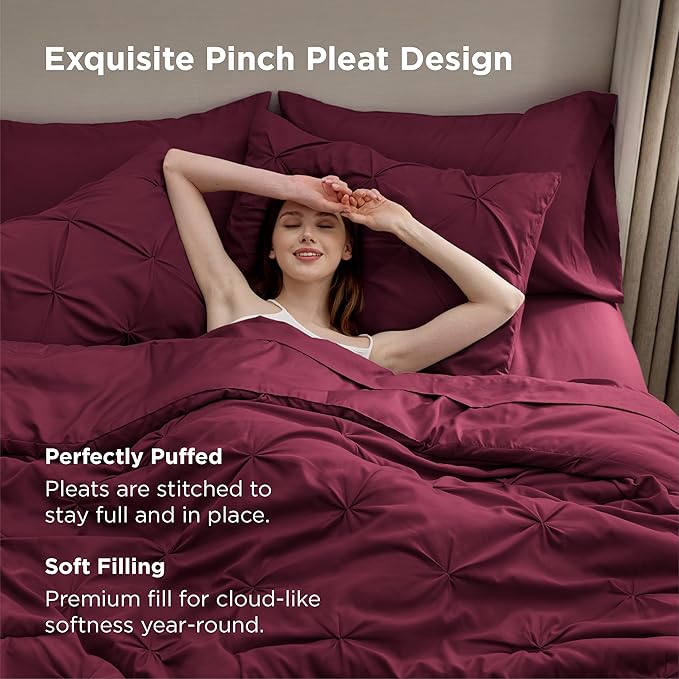 Bedsure Queen Comforter Set Burgundy - Bed in a Bag Queen Size Bedding 7 Pieces, GentleSoft™ Pintuck Bed Set Gift for Family, Pinch Pleat All Season Comforter with Sheets, Pillowcases & Shams