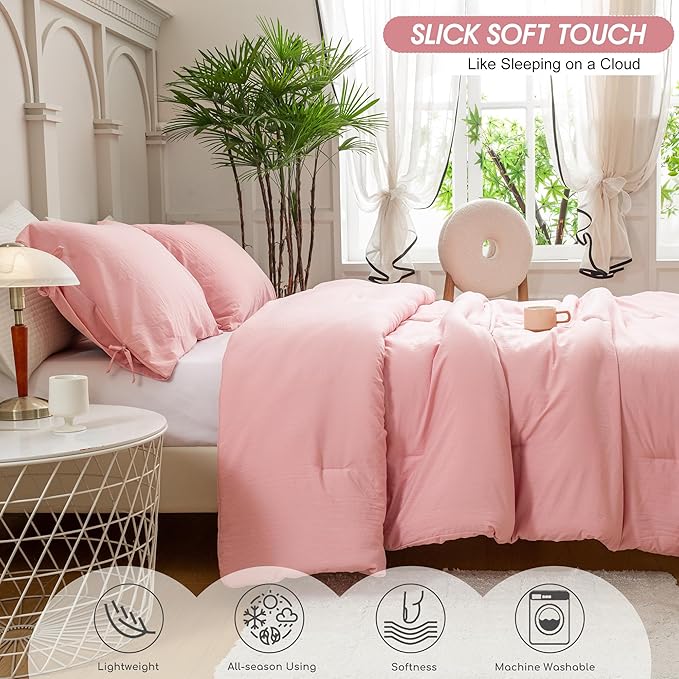Blush Light Pink King Size Down Comforter, Super Soft Washed Polycotton Fabric, Cozy Comfy Down Alternative Bed Blanket Comforter Set and Pillowcase Lightweight but Warm for Women All Season