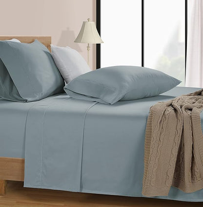 LANE LINEN 100% Cotton 600 Thread Count Twin Bed Sheets - Mercerized Cotton Fully Elasticized Sheets Twin Size, Ultra Soft & Comfy Sateen Weave Bedding Sheets & Pillowcases Sets - French Blue