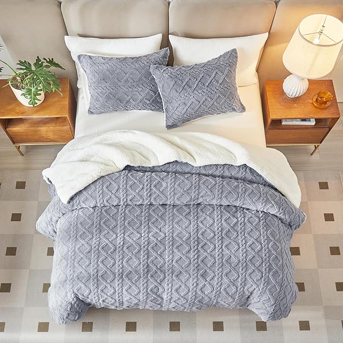 Joyreap 3-Piece Fluffy Faux Fur Sherpa Comforter Set Light Gray, Twin Size Luxury Tufted Bedding Comforter Set, All Season Soft n Cozy Plush Comforter Bed Set- 68x86 inches