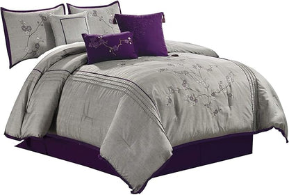 Chezmoi Collection Miki 7-Piece Luxury Floral Purple/Gray Cherry Blossom Embroidery Comforter Set, Queen