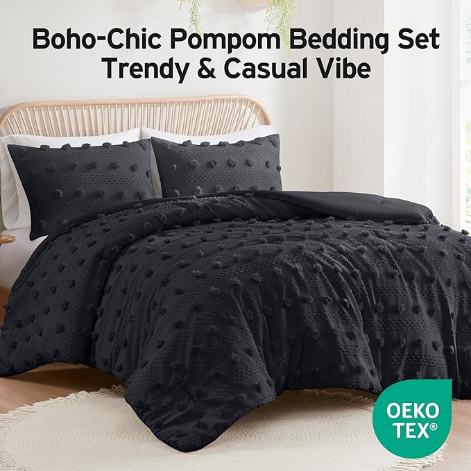 Intelligent Design Twin Comforter Set, Clipped Jacquard Comforter Set Chic Pompom Accent, All Seasons Lightweight & Fluffy Comforter Bed Set with 1 Sham, Lucy, Twin/Twin XL, Black 2 Piece