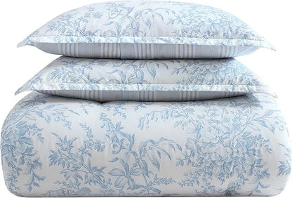 Laura Ashley- King Comforter Set, Cotton Reversible Bedding Set with Matching Sham(s), Farmhouse Home Décor (Bedford Blue, King)