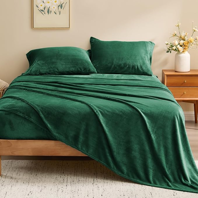 BEDELITE Flannel Sheets Queen Size Dark Green - Super Soft Fleece Sheets Set Fluffy Extra Plush, 4 Piece(Include Fitted Sheet, Flat Sheet, 2 Pillowcases)