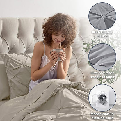 Nestl Twin XL Comforter Set 5 Piece - Pintuck Twin XL Bedding Set Beige, College Dorm Room Essentials Bed in a Bag, Twin XL Comforter Set for College Girls and Boys with Sheets, Pillowcase and Sham