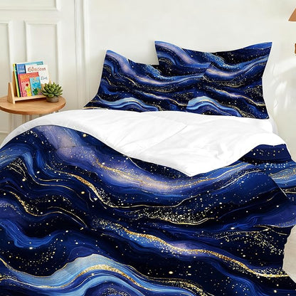 Royal Blue Gold Comforter Set Twin for Boys Kids Teens Navy Blue Gold Marble Bedding Set Abstract Goled Lines Bed Set for Home Decor Soft Luxury Marbled Quilt Set with 1 Comforter + 1 Pillowcase