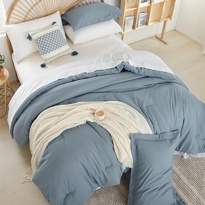 weigelia Dusty Blue Comforter Set 7 Pieces Full Comforter Set Soft Fluffy Bed in a Bag Full Size Bedding Set with Fitted Sheet, Flat Sheet, Pillow Shams, Pillow Cases for All Season