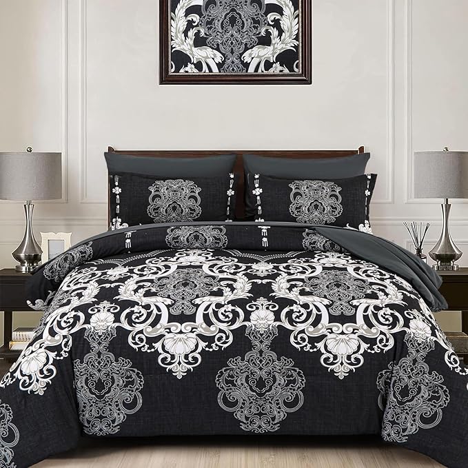 Mybedsoul King Size comforter set, 7 Pieces Boho Bed in a Bag for King Bed, Black Damask Comforter Set with Sheet, Pillowcases & Shams, Soft Microfiber Lightweight Bedding Set for All Season(90"x104")