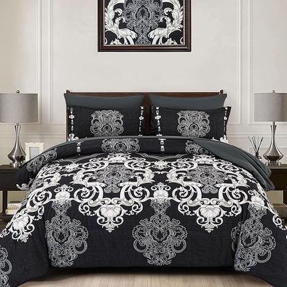 Mybedsoul King Size comforter set, 7 Pieces Boho Bed in a Bag for King Bed, Black Damask Comforter Set with Sheet, Pillowcases & Shams, Soft Microfiber Lightweight Bedding Set for All Season(90"x104")