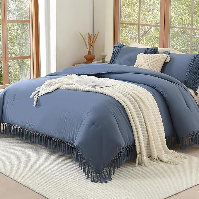 Andency Bluish Grey Comforter Set California King, 3 Pieces Boho Cal King Tassel Lightweight Soft Bedding Comforter Sets, Oversized Bed Set (104x96In Comforter & 2 Pillowcases)