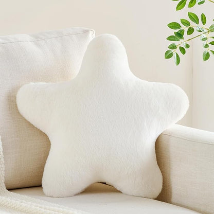 Star Pillow 19.6" White Star Shaped Decorative Throw Pillow for Couch Bed Aesthetic Plush Floor Seating Cushions with Soft Faux Rabbit Fur for Sofa Bedroom Living Room