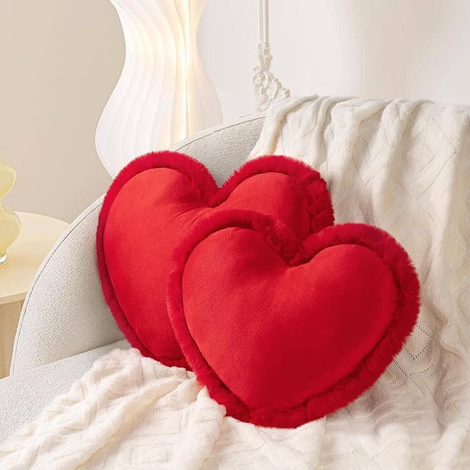 AELS Heart Shaped Pillow, Set of 2, Heart Decorative Throw Pillows, Soft Velvet Love Pillows with Faux Fur Fringe, 20 & 16 Inches, Cute Valentines Day Decorations, Wedding Decor, Red