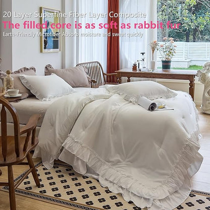 AIKASY White Comforters Queen Size Set, Vintage Boho Chic Farmhouse Bedding Sets Shabby Ruffle Queen Bed Comforter Bedding 3PCS（1 Comforter and 2 Pillowcases）