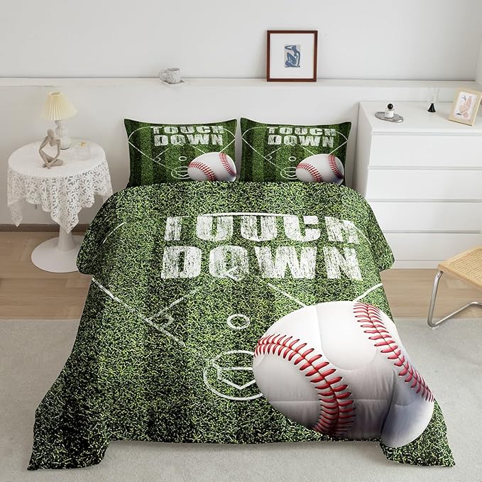 Feelyou Baseball Comforter Set Toddler Size Gaming Sports Comforter for Boys Girls Teens Ball Games Bedding Set Gift for Baseball Lover Duvet Set Moss Green Quilt Set