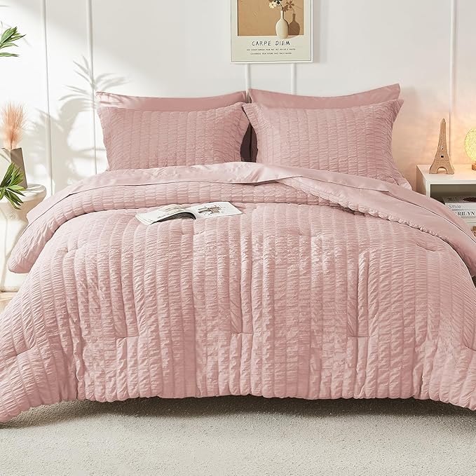 HYMOKEGE Rose Gold Twin Comforter Set Seersucker 5 Pieces, All Season Luxury Bed in a Bag Queen for Bedroom, Bedding Set with Comforter, Sheets, Pillowcase & Sham
