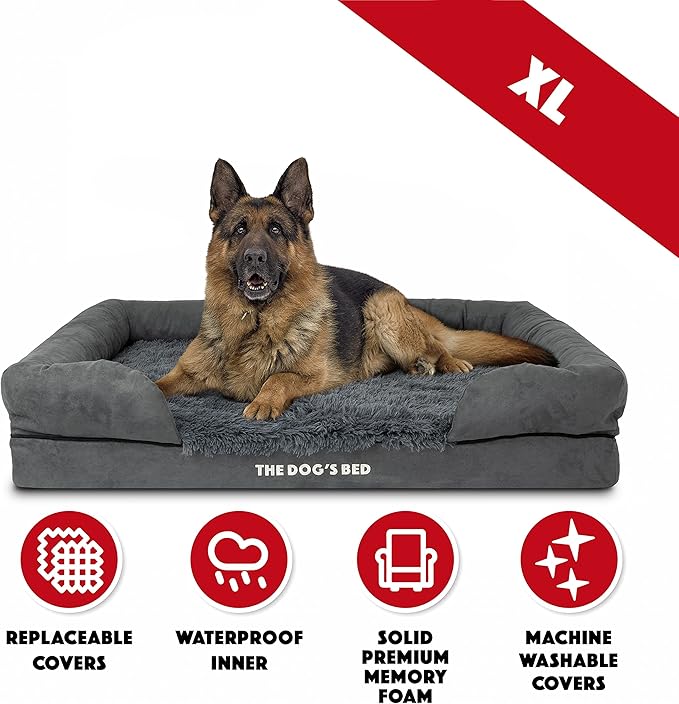 The Dog’s Bed Orthopedic Memory Foam Dog Bed with Bolsters, Fur Fabric, Grey Fur, XL