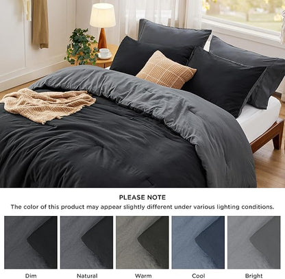 Bedsure Queen Comforter Set, Black Grey Soft Prewashed Bedding for All Seasons, 3 Pieces GentleSoft™ Bed Set, 1 Lightweight Comforter (90"x90") and 2 Pillowcases (20"x26")