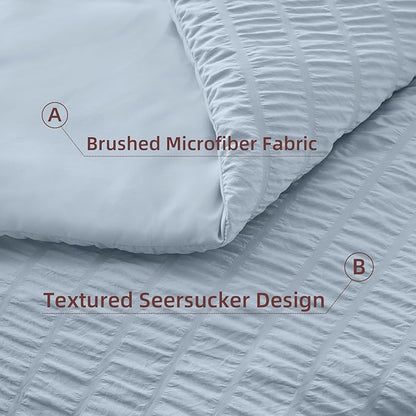 FUANNA Queen Comforter Set 7 Pieces, Luxury Seersucker Bed in a Bag Queen Size for All Seasons, Soft Bedding Set with Comforter, Flat Sheet, Fitted Sheet, Pillowcases & Shams for Bedroom, Grayish Blue