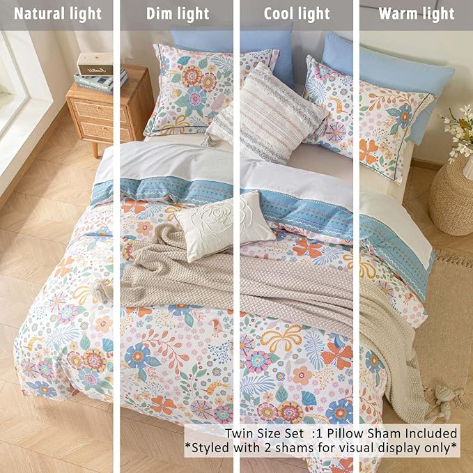 Blue Floral Cotton Comforter Twin Size - Vibrant Artistic Blooms & Boho Geometric Patterns, White & Soft Blue, 2PC Lightweight Bedding Sets with Down Alternative Fill(68"×90")