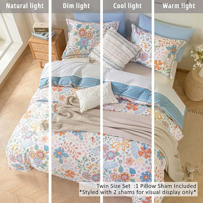 Blue Floral Cotton Comforter Twin Size - Vibrant Artistic Blooms & Boho Geometric Patterns, White & Soft Blue, 2PC Lightweight Bedding Sets with Down Alternative Fill(68"×90")