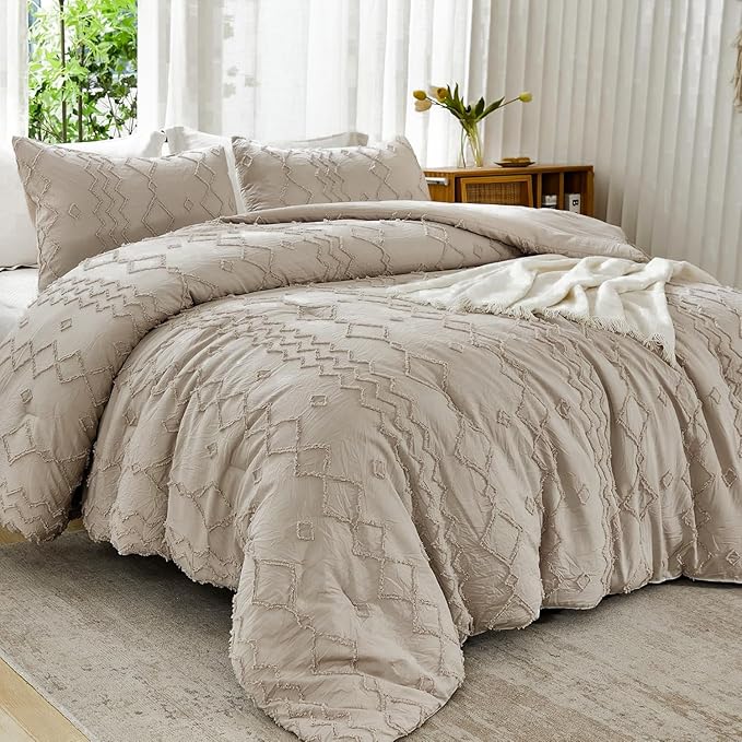 Andency Khaki Tufted Comforter Set Twin, 2 Pieces(1 Boho Comforter, 1 Pillowcase) Textured Farmhouse Bedding Set with Soft Microfiber Down Alternative Geometric Pattern