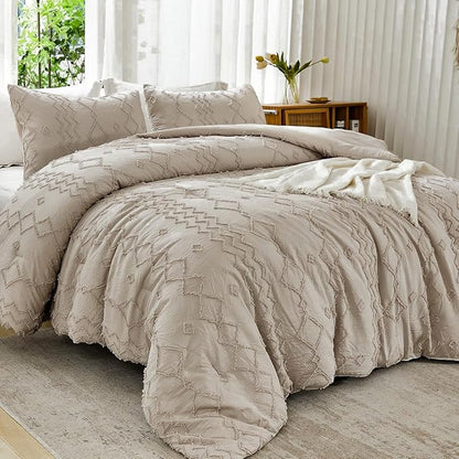 Andency Khaki Tufted Comforter Set California King(104x96Inch), 3 Pieces(1 Boho Comforter, 2 Pillowcases) Textured Farmhouse Shabby Chic Bed Set, Soft Fluffly Down Geometric Tan Bedding