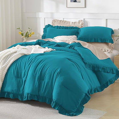 Andency California King Comforter Set Turquoise (104x96Inch), 3 Pieces Cal King Ruffle Comforter, Oversized Farmhouse Shabby Chic Bed Comforter, Lightweight and Soft Microfiber Bedding Set