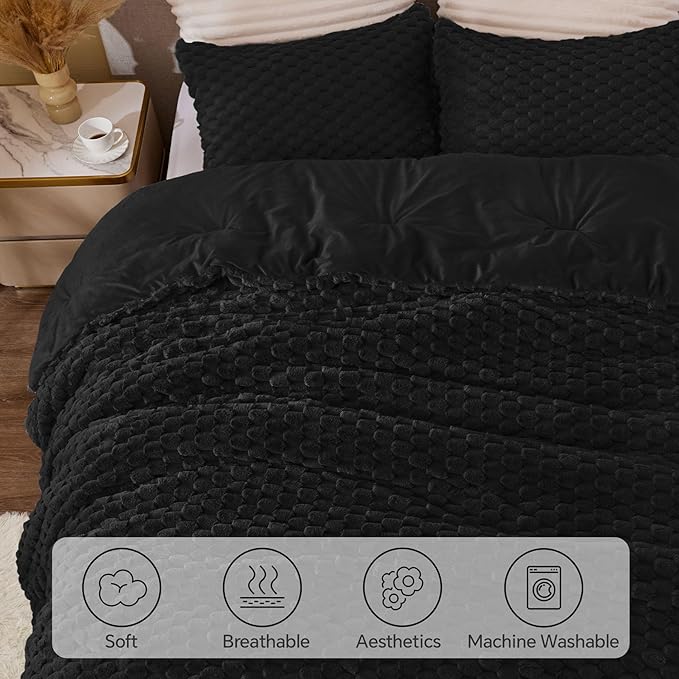 BEDELITE Fluffy Full Size Comforter Set - Black Fleece Soft Comforter for Full Size Bed, Luxury Warm Bedding Set for Winter, Fuzzy Bed Set 3 Pieces (1 Comforter, 2 Pillowcases)