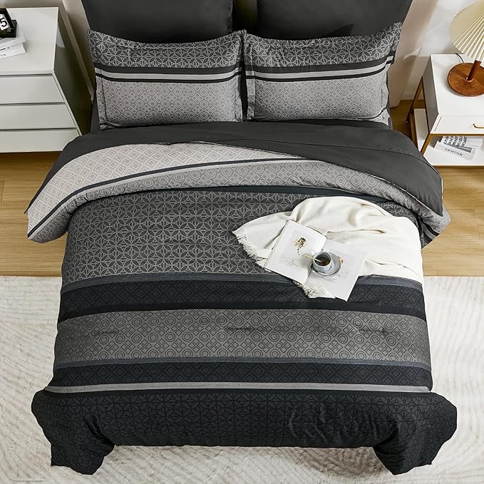 WONGS BEDDING Twin Comforter Set 6 Pieces, Black Grey Striped Bed in a Bag Comforter and Sheet Set, Soft Lightweight Micorfiber Bedding Set All Season for Kids Boys Teen (90"×90")
