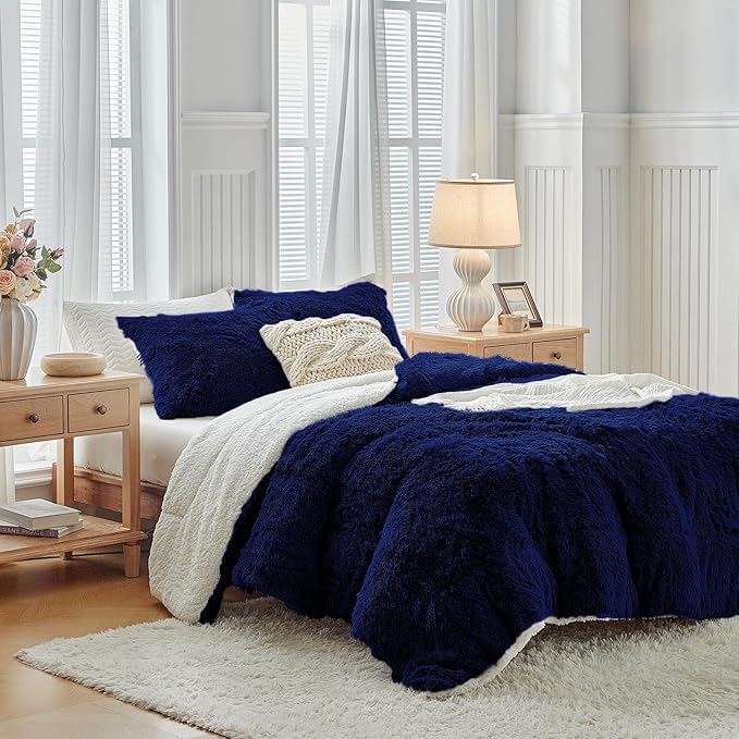 UOZZI BEDDING Navy Faux Fur Comforter Set Twin 3 Pieces - 1 Shaggy Comforter with 2 Pillowcases - Ultra Soft and Easy Care Luxury Plush Warm Winter Fluffy Fleece Duvet Set