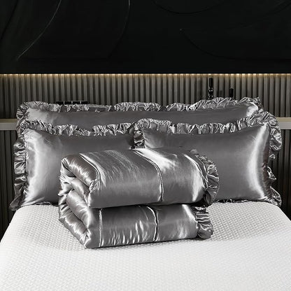 Satin King Comforter Set Silk Like Satin Bedding Set 4 Pcs Hotel Soft Polyester Grey Bed Set Luxury Silky Body Pillow Cover Ruffle Down Comforter Home Decor