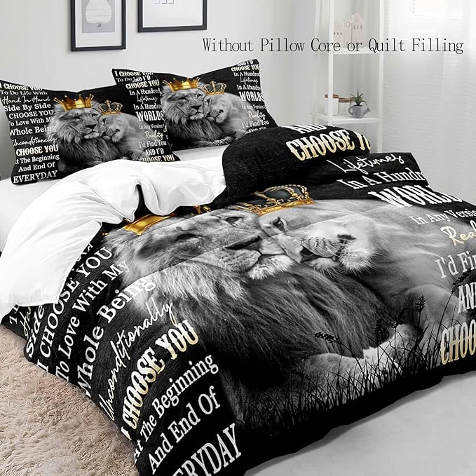 LUVIVIHOME 3PCS Lion Duvet Cover Queen Bedding, Black Duvet Cover, Lion King & Queen Safari Animal Comforter Bedspread Quilt Cover, Couples Gifts, Romantic Gifts for Him, I Choose You, 2 Pillow Shams