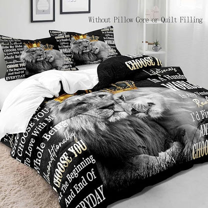 LUVIVIHOME 3PCS Lion Duvet Cover, Lion King Bedding Set, Black Duvet Cover, African Safari Animal Comforter Bedspread Quilt Cover, Couples Gifts, Romantic Gifts for Him, I Choose You, 2 Pillow Shams