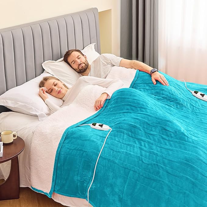 greenoak Heated Blanket Electric Queen Size 84"X90" Dual Control, Heating Blanket with 10 Heat Levels 1/2/4/6/8 Hours Auto-Off, Sherpa Soft Warm Christmas Blanket, Aqua Green